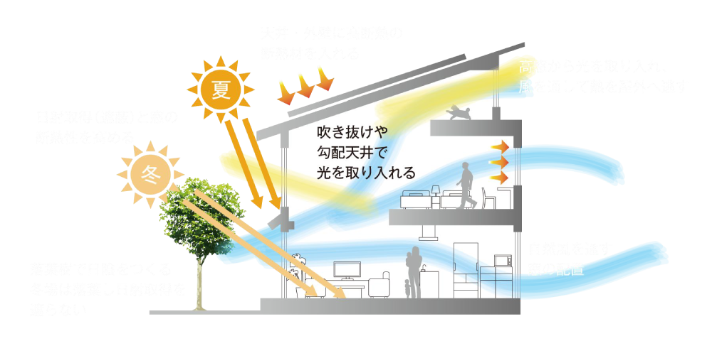 熊本県熊本市の注文住宅メーカー　WITHDOM建築設計　自然エネルギーを取り込む設計のイラスト